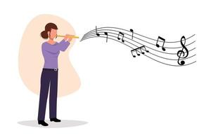 bedrijf vlak tekenfilm stijl tekening vrouw musicus spelen fluit. fluitist het uitvoeren van klassiek muziek- Aan wind instrument. solo prestatie van getalenteerd fluitist. grafisch ontwerp vector illustratie