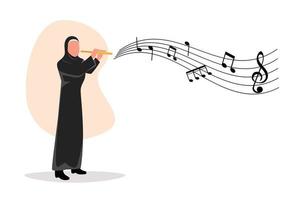 bedrijf vlak tekenfilm stijl tekening Arabisch vrouw musicus spelen fluit. fluitist het uitvoeren van klassiek muziek- Aan wind instrument. solo prestatie van getalenteerd fluitist. grafisch ontwerp vector illustratie