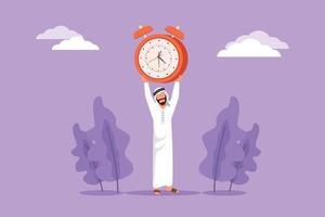 vlak tekenfilm stijl tekening sterk Arabisch zakenman verhogen alarm klok in handen. tijd, horloge, beperkt bieden, deadline symbool. innovatie en bedrijf ontwikkeling. grafisch ontwerp vector illustratie