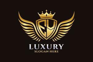 luxe Koninklijk vleugel brief ev kam goud kleur logo vector, zege logo, kam logo, vleugel logo, vector logo sjabloon.