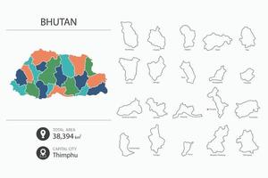 kaart van Bhutan met gedetailleerd land kaart. kaart elementen van steden, totaal gebieden en hoofdstad. vector