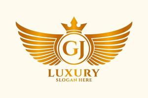 luxe Koninklijk vleugel brief gj kam goud kleur logo vector, zege logo, kam logo, vleugel logo, vector logo sjabloon.