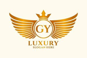 luxe Koninklijk vleugel brief gy kam goud kleur logo vector, zege logo, kam logo, vleugel logo, vector logo sjabloon.