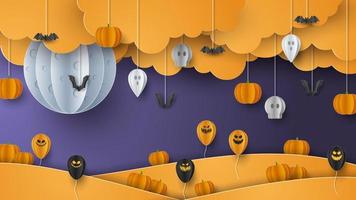 gelukkig halloween banier achtergrond met wolken en pompoenen in papier besnoeiing stijl. vol maan in de lucht, spinnen web, schedel, geest en vliegend vleermuizen. vector illustratie