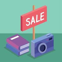 uitverkoop etiket met camera en boeken vector