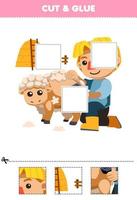 onderwijs spel voor kinderen besnoeiing en lijm besnoeiing onderdelen van schattig tekenfilm boer scharen schapen afdrukbare boerderij werkblad vector