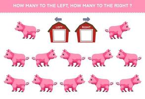 onderwijs spel voor kinderen van tellen links en Rechtsaf afbeelding van schattig tekenfilm varken afdrukbare boerderij werkblad vector