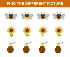 onderwijs spel voor kinderen vind de verschillend afbeelding in elk rij van schattig tekenfilm bij zonnebloem honing pot afdrukbare boerderij werkblad vector