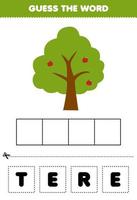 onderwijs spel voor kinderen Raad eens de woord brieven beoefenen van schattig tekenfilm boom afdrukbare boerderij werkblad vector