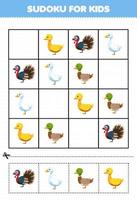 onderwijs spel voor kinderen sudoku voor kinderen met schattig tekenfilm eend kalkoen gans afdrukbare boerderij werkblad vector