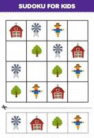 onderwijs spel voor kinderen sudoku voor kinderen met schattig tekenfilm schuur windmolen vogelverschrikker boom afdrukbare boerderij werkblad vector