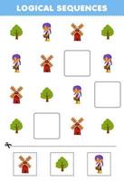 onderwijs spel voor kinderen logisch opeenvolgingen voor kinderen met schattig tekenfilm boom boer meisje windmolen afbeelding afdrukbare boerderij werkblad vector