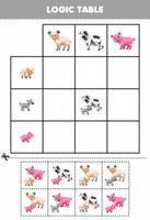onderwijs spel voor kinderen logica tafel besnoeiing en bij elkaar passen van schattig tekenfilm schapen koe en varken afbeelding afdrukbare boerderij werkblad vector