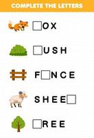 onderwijs spel voor kinderen compleet de brieven van schattig tekenfilm vos struik hek schapen boom afdrukbare boerderij werkblad vector