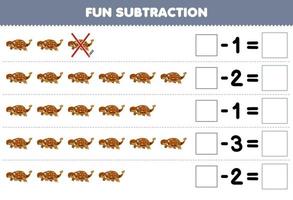 onderwijs spel voor kinderen pret aftrekken door tellen schattig tekenfilm ankylosaurus in elk rij en elimineren het afdrukbare prehistorisch dinosaurus werkblad vector