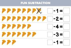 onderwijs spel voor kinderen pret aftrekken door tellen tekenfilm pizza in elk rij en elimineren het afdrukbare voedsel werkblad vector