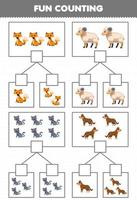 onderwijs spel voor kinderen pret tellen afbeelding in elk doos van schattig tekenfilm vos schapen kat hond afdrukbare boerderij werkblad vector