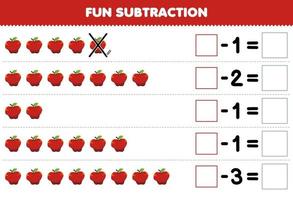 onderwijs spel voor kinderen pret aftrekken door tellen tekenfilm appel in elk rij en elimineren het afdrukbare fruit werkblad vector
