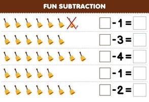 onderwijs spel voor kinderen pret aftrekken door tellen tekenfilm klok in elk rij en elimineren het afdrukbare muziek- instrument werkblad vector