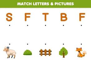 onderwijs spel voor kinderen bij elkaar passen brieven en afbeeldingen van schattig tekenfilm schapen struik hek boom vos afdrukbare boerderij werkblad vector
