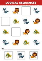 onderwijs spel voor kinderen logisch opeenvolgingen voor kinderen met schattig tekenfilm wolf leeuw piranha vis afbeelding afdrukbare carnivoor dier werkblad vector