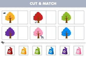 onderwijs spel voor kinderen besnoeiing en bij elkaar passen de dezelfde kleur van schattig tekenfilm boom afdrukbare boerderij werkblad vector