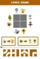 onderwijs spel voor kinderen logica puzzel bouwen de weg voor schattig tekenfilm bij en vlinder afdrukbare boerderij werkblad vector