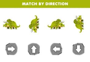 onderwijs spel voor kinderen bij elkaar passen door richting links Rechtsaf omhoog of naar beneden oriëntering van schattig tekenfilm triceratops afdrukbare prehistorisch dinosaurus werkblad vector