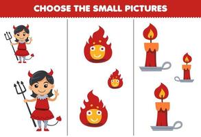 onderwijs spel voor kinderen Kiezen de klein afbeelding van schattig tekenfilm rood brand kaars duivel meisje kostuum afdrukbare halloween werkblad vector