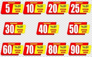 5, 10, 20, 25, 30, 40, 50, 60, 70, 80, 90 percentage uit, korting stickers reeks voor winkel, kleinhandel, Promotie vector
