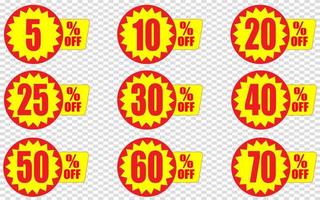 5, 10, 20, 25, 30, 40, 50, 60, 70, 80, 90 percentage uit, korting stickers reeks voor winkel, kleinhandel, Promotie vector