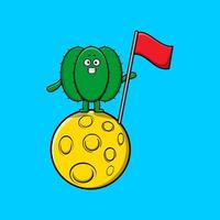 schattig tekenfilm cactus staand Aan de maan met vlag vector