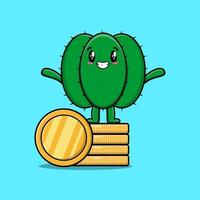 tekenfilm cactus staand in gestapeld goud munt vector