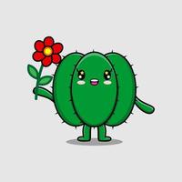 schattig tekenfilm cactus karakter Holding rood bloem vector