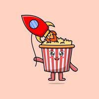 schattig tekenfilm popcorn drijvend met raket ballon vector