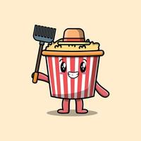 tekenfilm agrarisch arbeider popcorn met hooivork vector