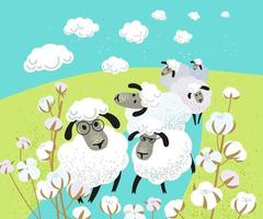 schattig schapen wandelen aan de overkant de veld- met katoen bloemen vector