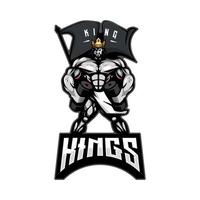 illustratie gespierd koning met halters in zijn handen mascotte logo ontwerp voor team sport esport gaming vector