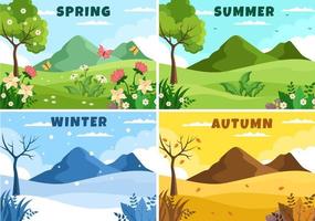 landschap van de vier seizoenen van natuur met landschap lente, zomer, herfst en winter in sjabloon hand- getrokken tekenfilm vlak stijl illustratie vector