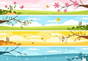 landschap van de vier seizoenen van natuur met landschap lente, zomer, herfst en winter in sjabloon hand- getrokken tekenfilm vlak stijl illustratie vector