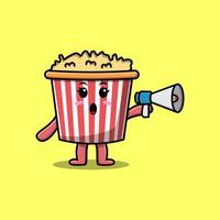 schattig tekenfilm popcorn spreken met megafoon vector