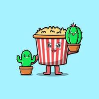 schattig tekenfilm popcorn Holding popcorn fabriek in pot vector