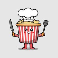 schattig tekenfilm popcorn chef Holding mes en vork vector