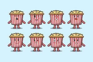 reeks kawaii popcorn tekenfilm karakter uitdrukking vector