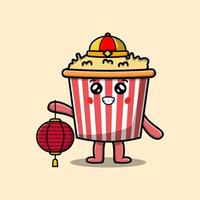 schattig tekenfilm popcorn Chinese Holding lantaarn vector