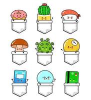 grappig gelukkig tekens in uw zak- set. vector hand- getrokken tekenfilm kawaii karakter illustratie. donut cactus, sushi, paddestoel, virus, biljart bal, smartphone, zeep bubbel, credit kaart in zak-