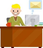 jonge man zit aan tafel met computer en ontvangt brief. mail in messenger. cartoon vlakke afbeelding. op kantoor werken. postenvelop in bubbel, chat met vrienden op internet vector