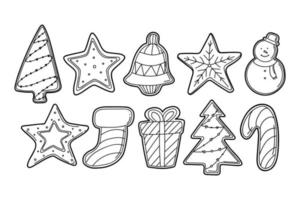 hand- getrokken vector tekening reeks van peperkoek Kerstmis koekjes in zwart schets voor kinderen kleur boek