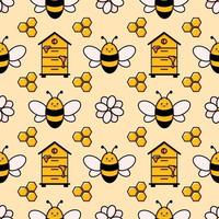 schattig honingbij naadloos patroon. vector doodle cartoon bijenkorf, bloemen en honingraten illustratie digitaal papier geïsoleerd op een witte achtergrond voor kinderen stof prints
