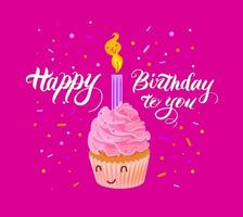 schattig koekje met roze room en een kaars Aan een helder roze achtergrond. opschrift - gelukkig verjaardag naar jij. ansichtkaart. vector